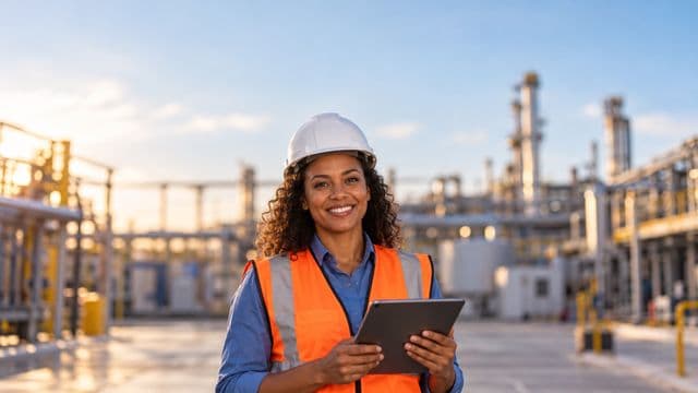 Engenheira sorrindo, com capacete branco e colete laranja sobre camisa azul, segurando um tablet, em um ambiente industrial moderno