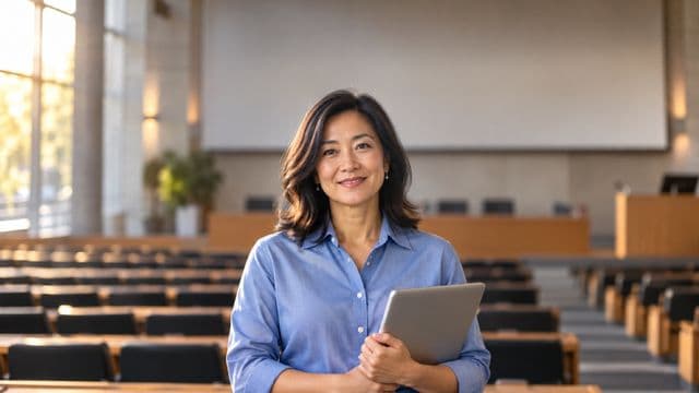 Professora universitária sorrindo, com camisa social azul, segurando um notebook, em um auditório universitário moderno