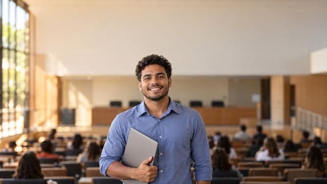 Professor universitário sorrindo, com camisa social azul, segurando um notebook, em um auditório universitário moderno