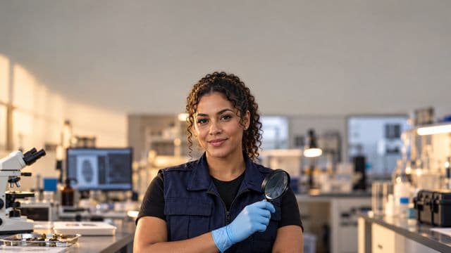 Perita criminal sorrindo, com colete azul-escuro de perícia sobre camisa preta e luvas, segurando uma lupa, em um laboratório de perícia forense
