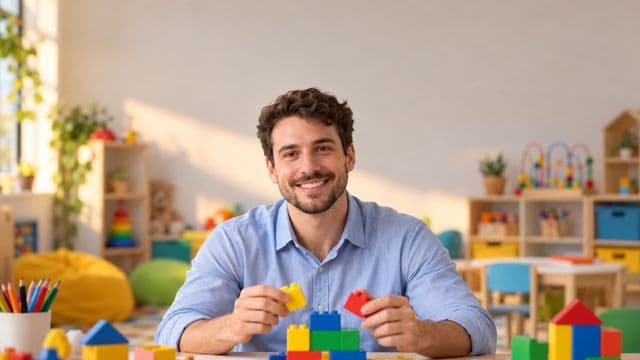 Psicopedagogo sorrindo, com camisa azul-clara, segurando blocos de montar coloridos, em uma sala de atendimento infantil colorida e organizada, com brinquedos pedagógicos