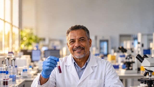 Biomédico sorrindo, com jaleco branco e luvas azuis, segurando um tubo de ensaio, em um laboratório de análises clínicas com microscópios e bancadas