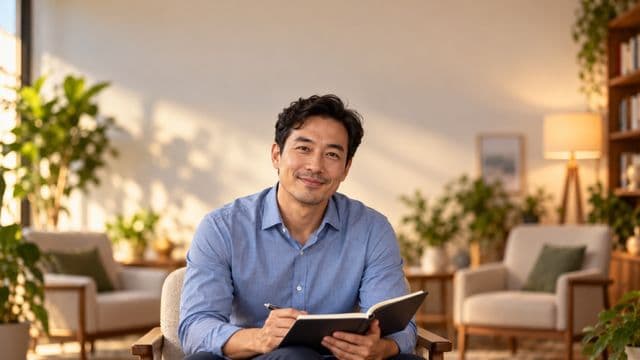 Psicólogo sorrindo, com camisa social azul, sem gravata, segurando um caderno de anotações, em um consultório de psicologia aconchegante com poltronas e plantas