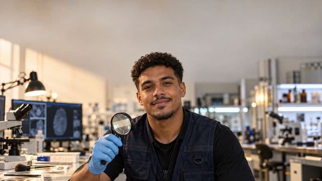 Perito criminal sorrindo, com colete azul-escuro de perícia sobre camisa preta e luvas, segurando uma lupa, em um laboratório de perícia forense