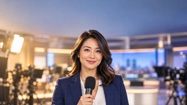 Jornalista sorrindo, com blazer azul sobre camisa branca, segurando um microfone sem logotipo, em um estúdio de televisão com luzes e câmeras desfocadas