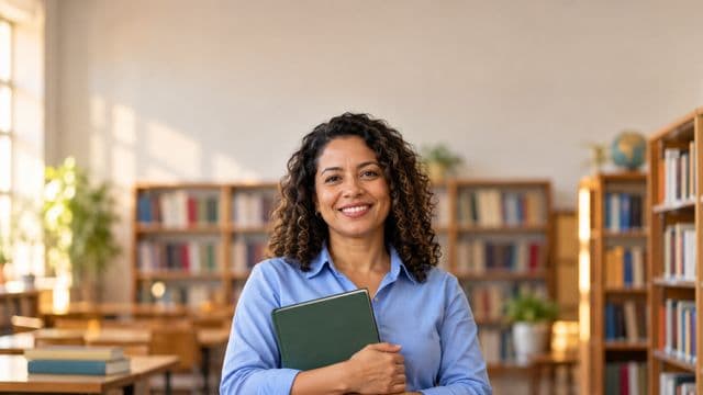 Professora de língua portuguesa sorrindo, com camisa social azul, segurando um livro de capa lisa, em uma biblioteca escolar com estantes