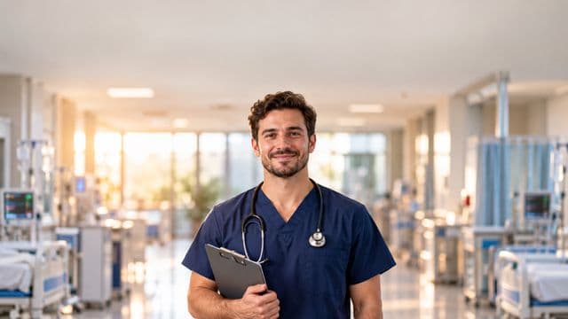 Enfermeiro sorrindo, com uniforme hospitalar azul-marinho e estetoscópio no pescoço, segurando uma prancheta, em o corredor de um hospital moderno e bem iluminado, com leitos e equipamentos