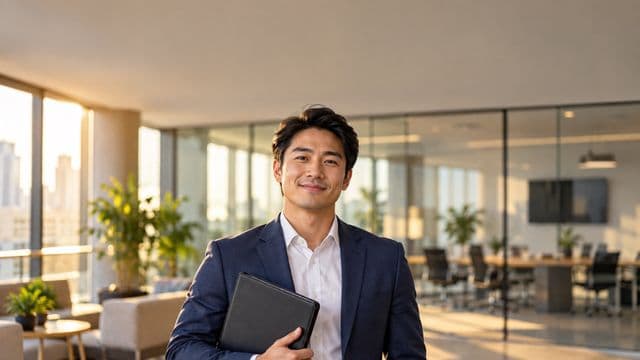 Profissional de recursos humanos sorrindo, com blazer azul sobre camisa branca, segurando uma pasta de documentos, em um escritório moderno com uma sala de reunião envidraçada