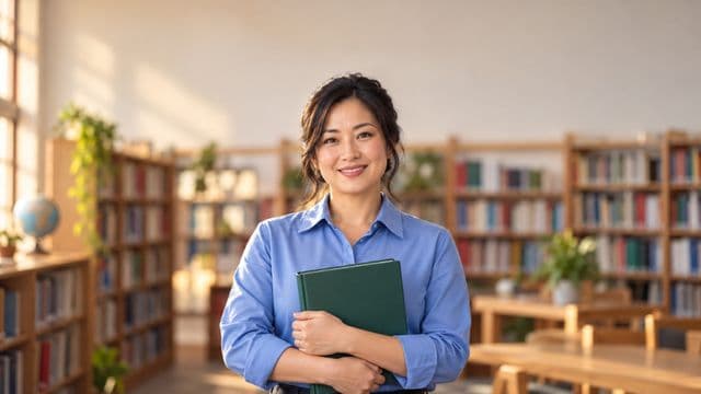 Professora de língua portuguesa sorrindo, com camisa social azul, segurando um livro de capa lisa, em uma biblioteca escolar com estantes
