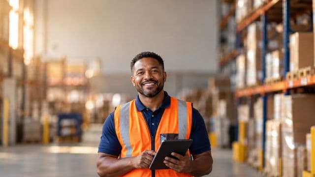 Profissional de logística sorrindo, com colete refletivo laranja sobre camisa polo azul, segurando um tablet, em um centro de distribuição com prateleiras altas e caixas