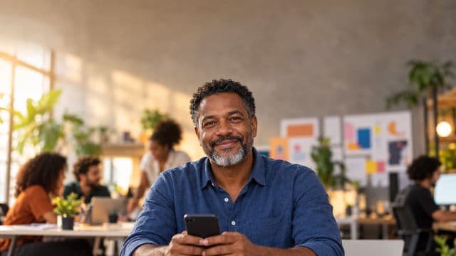 Profissional de marketing sorrindo, com camisa casual azul, segurando um smartphone, em uma agência criativa moderna com equipe desfocada e quadros de ideias