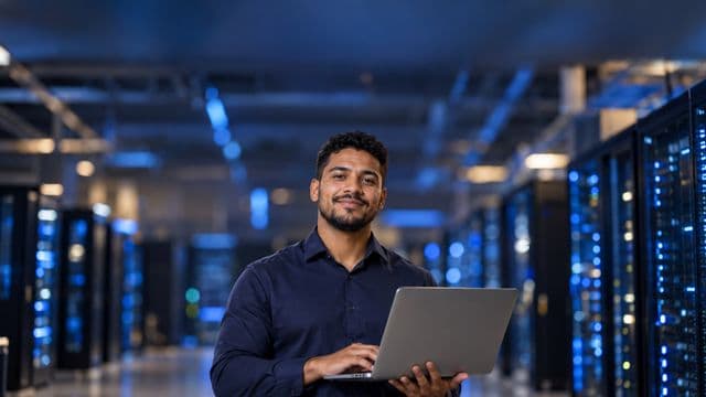 Especialista em segurança da informação sorrindo, com camisa social azul-escura, segurando um notebook, em uma sala de servidores com luzes azuis