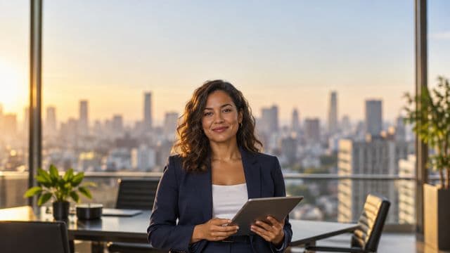 Analista financeira sorrindo, com terno azul-marinho, segurando um tablet, em um escritório corporativo com vista para a cidade