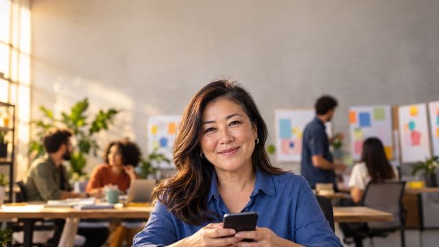 Profissional de marketing sorrindo, com camisa casual azul, segurando um smartphone, em uma agência criativa moderna com equipe desfocada e quadros de ideias