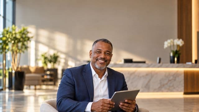 Secretário executivo sorrindo, com blazer azul-marinho sobre camisa branca, segurando um tablet, em a recepção elegante de uma empresa