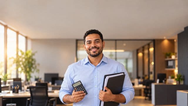Contador sorrindo, com camisa social azul-clara, segurando uma calculadora e uma pasta de documentos, em um escritório contábil moderno