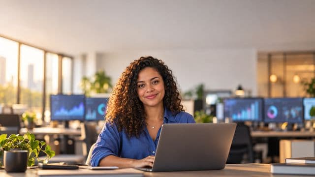 Cientista de dados sorrindo, com camisa casual azul, segurando um notebook aberto, em um escritório de tecnologia moderno com telas de gráficos desfocadas