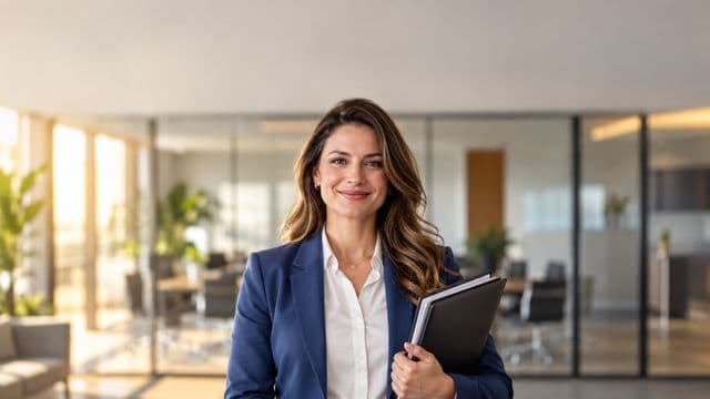 Profissional de recursos humanos sorrindo, com blazer azul sobre camisa branca, segurando uma pasta de documentos, em um escritório moderno com uma sala de reunião envidraçada