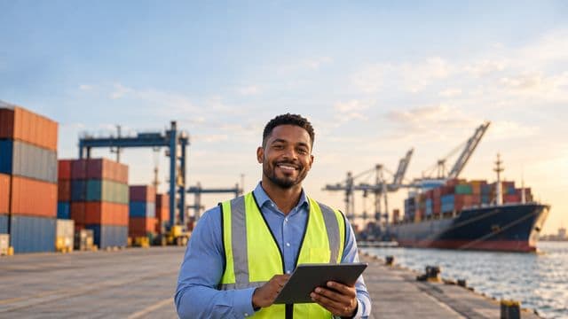 Analista de comércio exterior sorrindo, com camisa social azul e colete refletivo, segurando um tablet, em um porto com contêineres coloridos empilhados