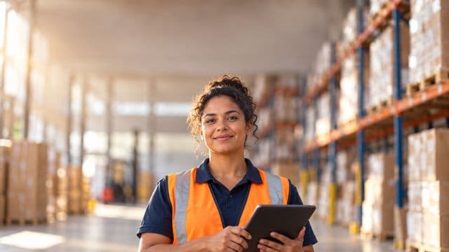 Profissional de logística sorrindo, com colete refletivo laranja sobre camisa polo azul, segurando um tablet, em um centro de distribuição com prateleiras altas e caixas