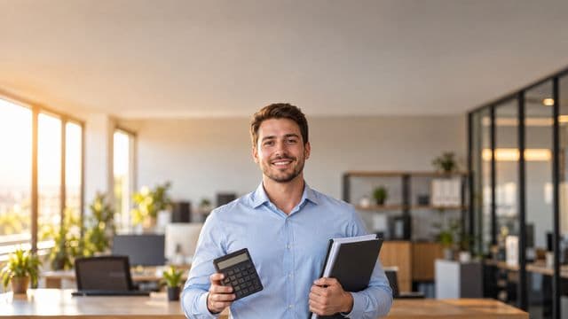 Contador sorrindo, com camisa social azul-clara, segurando uma calculadora e uma pasta de documentos, em um escritório contábil moderno