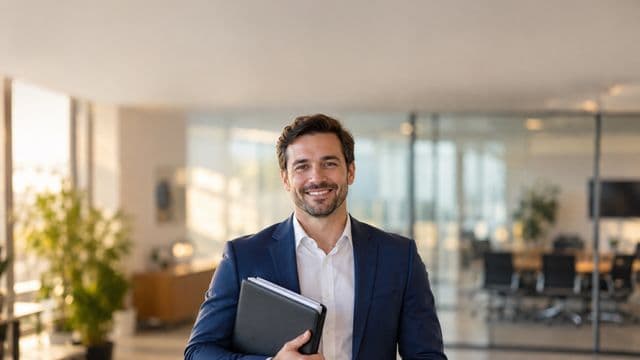 Profissional de recursos humanos sorrindo, com blazer azul sobre camisa branca, segurando uma pasta de documentos, em um escritório moderno com uma sala de reunião envidraçada