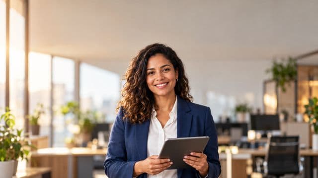 Profissional sorrindo, com blazer azul sobre camisa branca, segurando um tablet, em um escritório moderno e bem iluminado