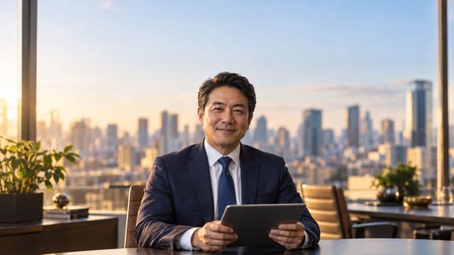 Analista financeiro sorrindo, com terno azul-marinho, segurando um tablet, em um escritório corporativo com vista para a cidade