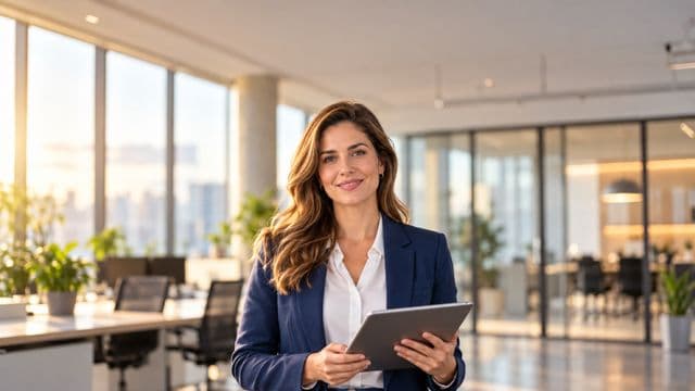 Profissional sorrindo, com blazer azul sobre camisa branca, segurando um tablet, em um escritório moderno e bem iluminado