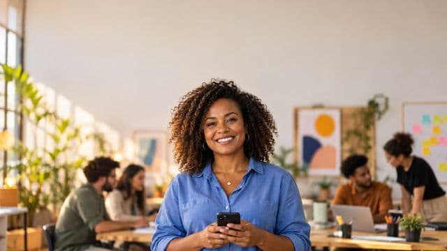 Profissional de marketing sorrindo, com camisa casual azul, segurando um smartphone, em uma agência criativa moderna com equipe desfocada e quadros de ideias