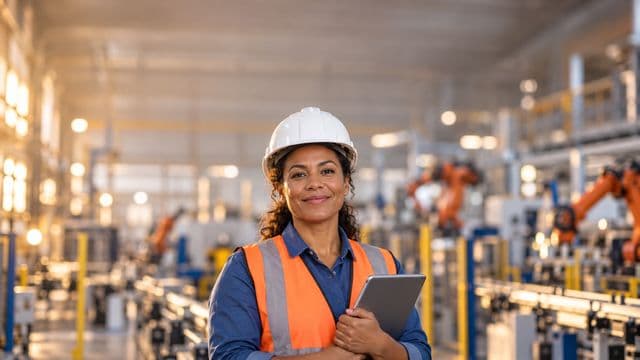 Engenheira de produção sorrindo, com capacete branco e colete laranja sobre camisa azul, segurando um tablet, em uma fábrica moderna com linha de produção e braços robóticos