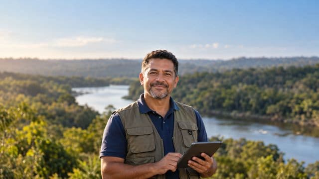 Gestor ambiental sorrindo, com camisa polo azul e colete de campo, segurando um tablet, em uma área de preservação com mata e um rio