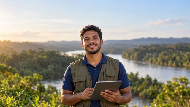 Gestor ambiental sorrindo, com camisa polo azul e colete de campo, segurando um tablet, em uma área de preservação com mata e um rio