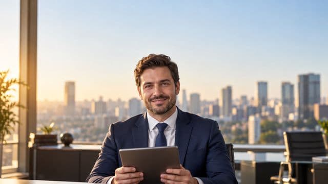 Analista financeiro sorrindo, com terno azul-marinho, segurando um tablet, em um escritório corporativo com vista para a cidade