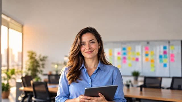 Gerente de projetos sorrindo, com camisa social azul, segurando um tablet, em uma sala de reunião com um quadro de tarefas cheio de post-its coloridos