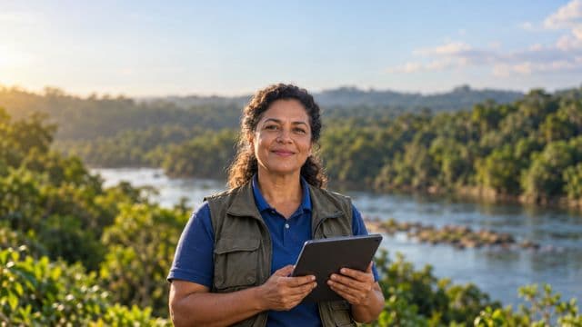 Gestora ambiental sorrindo, com camisa polo azul e colete de campo, segurando um tablet, em uma área de preservação com mata e um rio