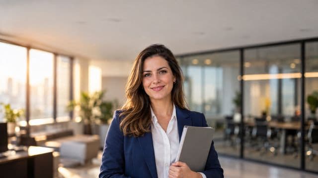 Profissional de recursos humanos sorrindo, com blazer azul sobre camisa branca, segurando uma pasta de documentos, em um escritório moderno com uma sala de reunião envidraçada
