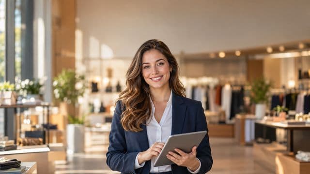 Gerente comercial sorrindo, com blazer azul-marinho sobre camisa branca, segurando um tablet, em uma loja moderna e bem iluminada