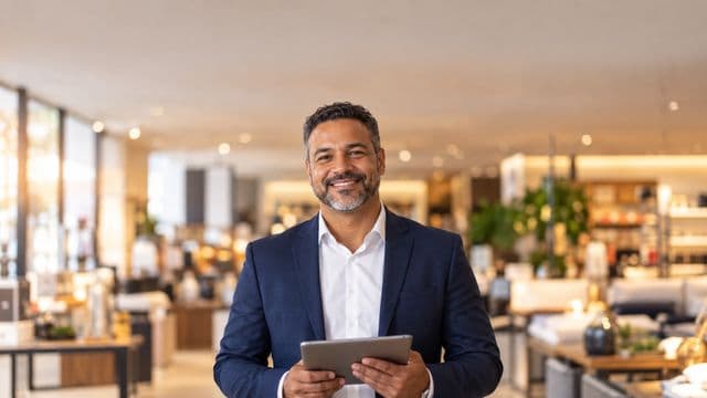 Gerente comercial sorrindo, com blazer azul-marinho sobre camisa branca, segurando um tablet, em uma loja moderna e bem iluminada