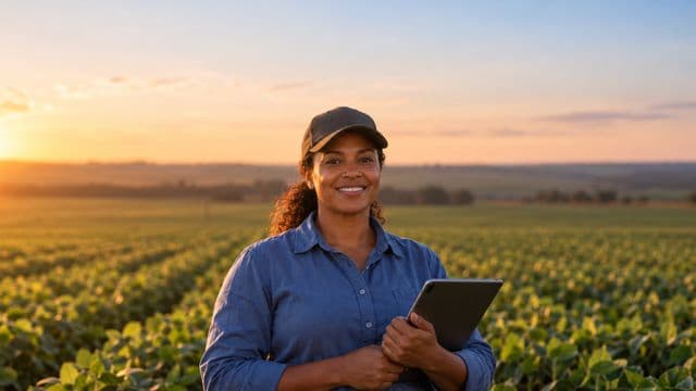 Engenheira agrônoma sorrindo, com camisa azul de mangas compridas e boné, segurando um tablet, em uma plantação extensa no fim da tarde