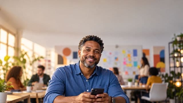 Profissional de marketing sorrindo, com camisa casual azul, segurando um smartphone, em uma agência criativa moderna com equipe desfocada e quadros de ideias