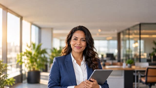 Profissional sorrindo, com blazer azul sobre camisa branca, segurando um tablet, em um escritório moderno e bem iluminado