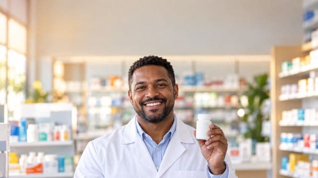 Farmacêutico sorrindo, com jaleco branco, segurando um frasco de medicamento sem rótulo legível, em uma farmácia moderna com prateleiras organizadas