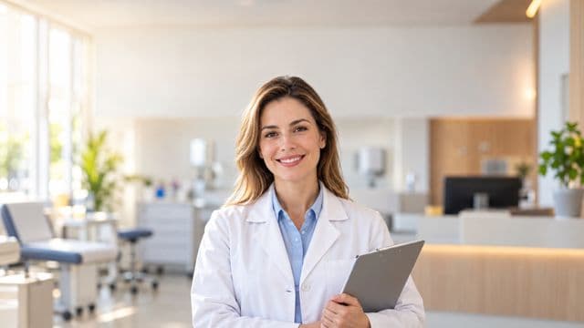 Profissional de saúde sorrindo, com jaleco branco sobre camisa azul-clara, segurando uma prancheta, em uma clínica moderna e bem iluminada