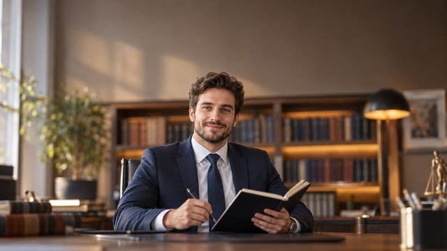 Advogado sorrindo, com terno azul-marinho e camisa branca, segurando um livro de capa lisa e uma caneta, em um escritório de advocacia elegante com estantes de livros