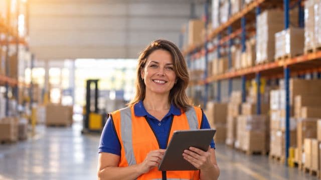 Profissional de logística sorrindo, com colete refletivo laranja sobre camisa polo azul, segurando um tablet, em um centro de distribuição com prateleiras altas e caixas