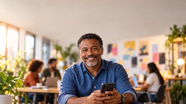 Profissional de marketing sorrindo, com camisa casual azul, segurando um smartphone, em uma agência criativa moderna com equipe desfocada e quadros de ideias