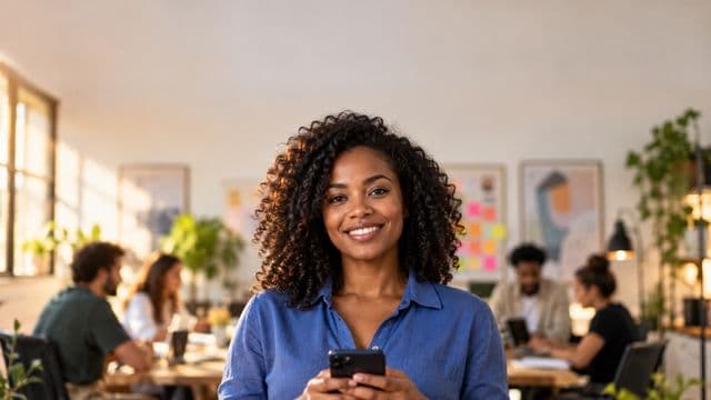 Profissional de marketing sorrindo, com camisa casual azul, segurando um smartphone, em uma agência criativa moderna com equipe desfocada e quadros de ideias