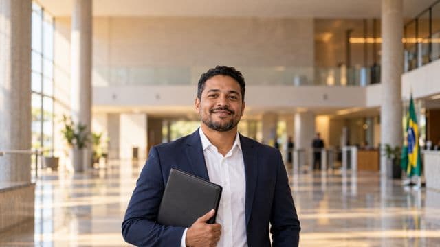 Servidor público sorrindo, com blazer azul-marinho sobre camisa branca, segurando uma pasta, em o saguão amplo de um prédio público moderno