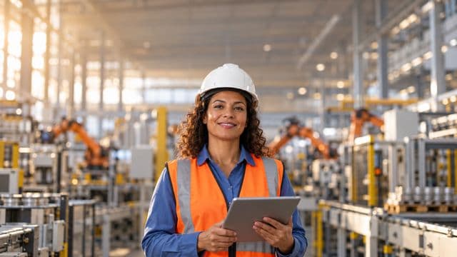 Engenheira de produção sorrindo, com capacete branco e colete laranja sobre camisa azul, segurando um tablet, em uma fábrica moderna com linha de produção e braços robóticos